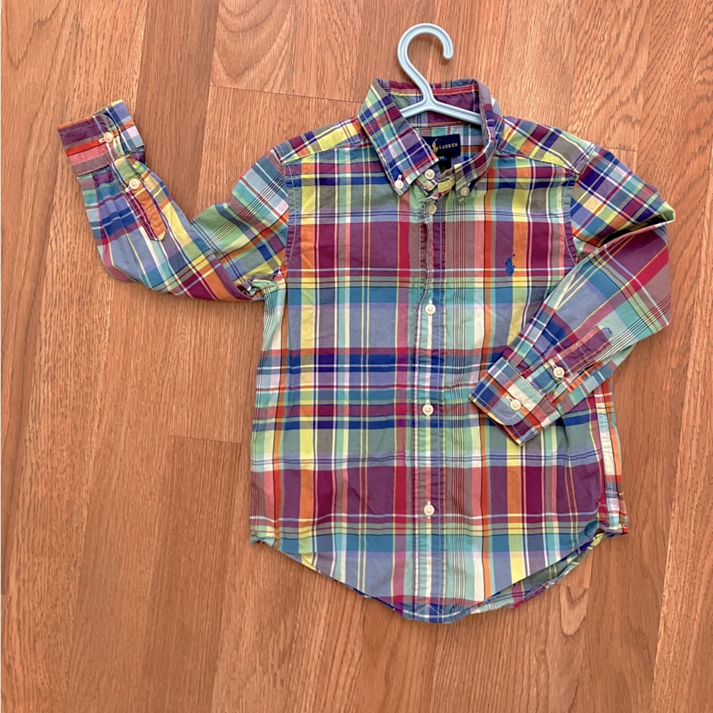 Ralph Lauren boys 3T toddler baby plaid button down shirt blue red excellent